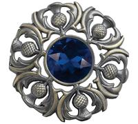 Elegant Scottish Kilt Fly Plaid Brooch - Premium Thistle Design with Sparkling stone, Handcrafted Tartan Sash Pin, Luxurious Highland Dress Accessory for Women's (Brass Antique, Blue)
