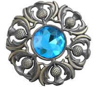 Elegant Scottish Kilt Fly Plaid Brooch - Premium Thistle Design with Sparkling stone, Handcrafted Tartan Sash Pin, Luxurious Highland Dress Accessory for Women's (Brass Antique, Sky Blue)