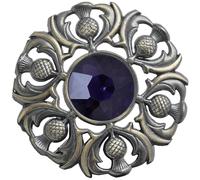 Elegant Scottish Kilt Fly Plaid Brooch - Premium Thistle Design with Sparkling stone, Handcrafted Tartan Sash Pin, Luxurious Highland Dress Accessory for Women's (Brass Antique, Purple)