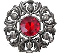 Elegant Scottish Kilt Fly Plaid Brooch - Premium Thistle Design with Sparkling stone, Handcrafted Tartan Sash Pin, Luxurious Highland Dress Accessory for Women's (Silver Antique, Red)