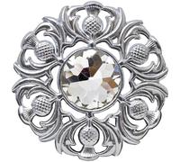 Elegant Scottish Kilt Fly Plaid Brooch - Premium Thistle Design with Sparkling stone, Handcrafted Tartan Sash Pin, Luxurious Highland Dress Accessory for Women's (Chrome Finish, White)