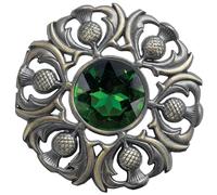 Elegant Scottish Kilt Fly Plaid Brooch - Premium Thistle Design with Sparkling stone, Handcrafted Tartan Sash Pin, Luxurious Highland Dress Accessory for Women's (Brass Antique, Green)