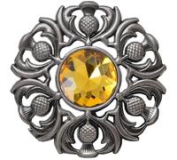 Elegant Scottish Kilt Fly Plaid Brooch - Premium Thistle Design with Sparkling stone, Handcrafted Tartan Sash Pin, Luxurious Highland Dress Accessory for Women's (Silver Antique, Yellow)