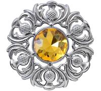 Elegant Scottish Kilt Fly Plaid Brooch - Premium Thistle Design with Sparkling stone, Handcrafted Tartan Sash Pin, Luxurious Highland Dress Accessory for Women's (Chrome Finish, Yellow)