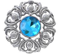 Elegant Scottish Kilt Fly Plaid Brooch - Premium Thistle Design with Sparkling stone, Handcrafted Tartan Sash Pin, Luxurious Highland Dress Accessory for Women's (Chrome Finish, Sky Blue)
