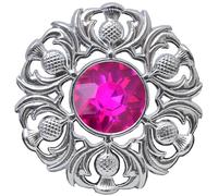 Elegant Scottish Kilt Fly Plaid Brooch - Premium Thistle Design with Sparkling stone, Handcrafted Tartan Sash Pin, Luxurious Highland Dress Accessory for Women's (Chrome Finish, Fuchsia)