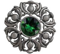 Elegant Scottish Kilt Fly Plaid Brooch - Premium Thistle Design with Sparkling stone, Handcrafted Tartan Sash Pin, Luxurious Highland Dress Accessory for Women's (Silver Antique, Green)