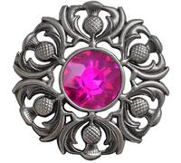 Elegant Scottish Kilt Fly Plaid Brooch - Premium Thistle Design with Sparkling stone, Handcrafted Tartan Sash Pin, Luxurious Highland Dress Accessory for Women's (Silver Antique, Fuchsia)