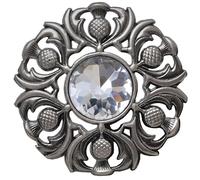 Elegant Scottish Kilt Fly Plaid Brooch - Premium Thistle Design with Sparkling stone, Handcrafted Tartan Sash Pin, Luxurious Highland Dress Accessory for Women's (Silver Antique, White)