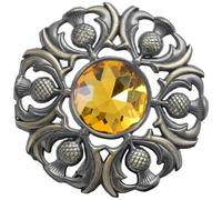 Elegant Scottish Kilt Fly Plaid Brooch - Premium Thistle Design with Sparkling stone, Handcrafted Tartan Sash Pin, Luxurious Highland Dress Accessory for Women's (Brass Antique, Yellow)