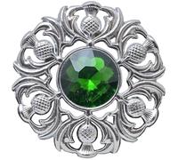 Elegant Scottish Kilt Fly Plaid Brooch - Premium Thistle Design with Sparkling stone, Handcrafted Tartan Sash Pin, Luxurious Highland Dress Accessory for Women's (Chrome Finish, Green)