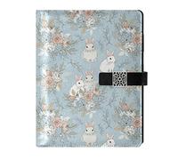 Elegant Seamless Flowers White Rabbits on Turquoise for Easter Day Refillable Journal Writing Notebook, PU Leather Hardcover Diary Note Book, Planner A5 Ruled Notepad for Agenda with Pen Holder