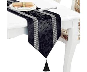 Elegant Sequin Rhinestone Black Table Runner, Ombre Velvet, 13"X98" | Dual Silver Bling Diamante Stripes, Modern Style for Dining Room Bedroom Dresser Coffee Table Wine Desk, Braided Tassels