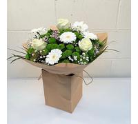 Elegant Serenity White Rose Gerbera Chrysanthemum Gypsophila Bouquet Fresh Flowers in Kraft Gift Bag for Birthday Anniversary Weddings Get Well Celebrations Thoughtful Floral Delivery