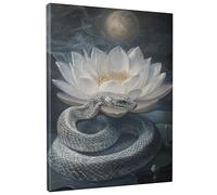 Elegant Serpent Water Lily Canvas Wall Art, Silver Gray Snake Floral Print, Modern Aesthetic Decor For Living Room, Bedroom, Office, Singular Home Design 8x12 Inch