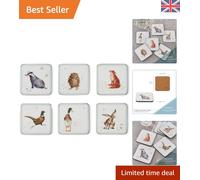 Pimpernel x Wrendale Designs Set of 6 Assorted Coasters - Cork-Backed with Charming Animal Illustrations, Heat Resistant and Stain Protected Table Coasters, Suitable for Everyday Use