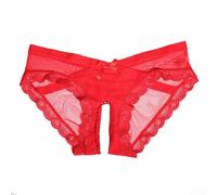Elegant Sheer Lace Crotchless Underwear for All Genders Stylish Sissy Panty Set (M Red)