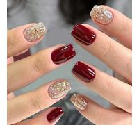 Elegant Shimmers Press On Nails 24Piece Set Short Almond Glitters Fake Nails Instantly Application For Special Occasions Wine Red Glitters Press On Nail
