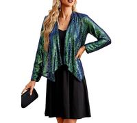 Elegant Shiny Open Front Classic Cardigan Jacket for Ladies Formal Sequin Long Sleeve Shrug Cocktail Halloween Party Blue Green S