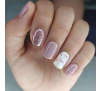 Elegant Short False Nails with Marble and Glitter Designs - 24PCS Reusable Press On Nails Kit in Rose Gold, Pink and Purple for Daily Wear and Special Occasions, Almond Shape, Gel Polish Effect,