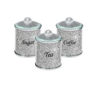 Elegant Silver Crushed Diamond Crystal-Filled Canister Set (3) - Glass Tea, Coffee & Sugar Jars