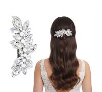 Elegant Silver Crystal Pearl Hair Clip - Sparkling Leaf Design Rhinestone Barrette for Women & Brides, Luxury Wedding Hair Accessories (Style D Silver and Pearl)