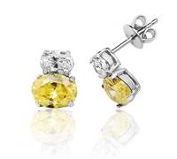 Elegant Silver Double Oval Shape CZ Stud Earrings - Sterling Silver / Rhodium Plated