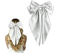 Elegant Silver Grey Hair Bow Clip for Women, Silky-Look Bowknot Barrette with Long Flowing Tail, French Style Hair Accessory for Ponytails, Braids, Half-Up Styles, Parties and Daily Wear