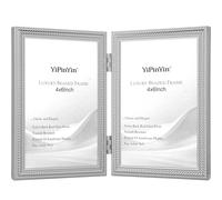 Elegant Silver Plated 4x6'' Double Picture Frame,Beaded Metal Frame 6x4'' with Real Glass & Velvet Backing,Hi End Classy Silver Double Frame 6x4'' for Desktop Or Shelf Display