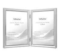 Elegant Silver Plated 5x7'' Double Picture Frame,Metal Beaded photo Frames with Real Glass & Velvet Backing,Hi End Classy Silver Double Frame 7x5'' for Desktop Or Shelf Display