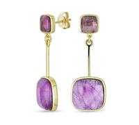 Elegant Simple Geometric Gemstone Natural Briolette Purple Amethyst Square Bar Dangle Earrings For Women Yellow Gold Plated