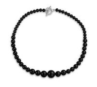 Elegant Simple Graduated Round Bead Ball Basic Black Onyx Strand Necklace Jewelry For Women Silver Plated Toggle Clasp 18 Inches