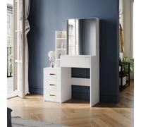 Elegant Sliding Mirror Dressing Table with Storage, Modern Vanity Desk with Hidden Shelves, 4 Drawers & Side Shelving for Bedroom