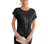 Elegant Slim Fit Twist Front Partyshirt Dressy Short Sleeve Crew Neck Basic Sequin Blouse Casual Sparkle Glitter Vest Black M