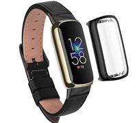 Elegant Slim Leather Compatible with Fitbit Luxe Watch Band,Strap Wristband, Soft Bracelet Replacement, Screen Protector(Black Black)