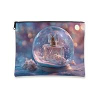 Elegant Snow Globe Makeup Bag, Crystal Perfume Design Cosmetic Travel Pouch for Women, Portable Small Canvas Zipper Organizer, Christmas Gift Holiday Toiletry Bag, Frosted, 7x9 Inch, Perfume