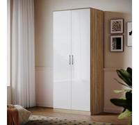 ELEGANT Soft Close 2 Door Wardrobe High Gloss White-Oak with Shelf and Hanging Rail, 1800x760x470mm Bedroom Storage Furniture