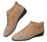 Elegant Solid Color Elastic Strap Low Wedge Shoes,Closed Orthopedic Arch Support Suede Ballet Flats for Women,Comfortable Vintage Slip on Loafers for Women (Khaki,5.5)