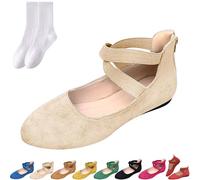 Elegant Solid Color Elastic Strap Low Wedge Shoes, Women's Criss-Cross Faux Suede Ballet Flats Shoes with Back Zipper, Comfortable Closed Toe Slip on Loafers, for Business Work (Beige,38EU)