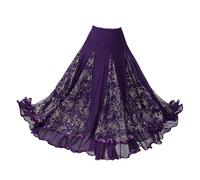 Elegant Sparkly Flower Ballroom Dancing Latin Dance Party Long Swing Skirt Full Circle Skirt Belly Dance Skirt Ruffle Skirt Sequin Mesh Skirt Waltz Tango Dress for Women (L, Purple)