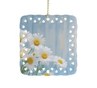 Elegant Spring Daisy Flowers Ceramic Christmas Ornament Xmas Tree Hanging Pendant Double Sided Pattern Festive Square Ornament Holiday Home Party Decoration Gifts