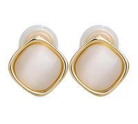 Elegant Square Clip-On Earrings, Gold-Tone Framed Opal White Crystal, Hypoallergenic Design For Sensitive Ears