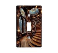 Elegant Stained Glass Light Switch Cover Plate/Outlet Covers, Antique Brown Library Scene for Home Decor, Thermoplastic Wall Plates, Standard Size Single Toggle