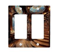 Elegant Stained Glass Light Switch Cover Plate/Outlet Covers, Antique Brown Library Scene for Home Decor, Thermoplastic Wall Plates, Standard Size Double Rocker