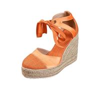 Elegant Strappy Woven Rope Heel Sandals With Bow Tie Front And Round Toe Chunky Platform Couture Footwear For Women (Orange, 7)