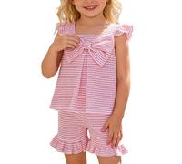 Elegant Striped Summer Two Piece Outfit for Girls Featuring Sleeveless Bib Top and Teal Trimmed Shorts Lightweight Comfort for Toddlers Preschoolers