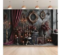 Elegant style dark room party background luxurious photo booth with vintage candles and floral designL banner