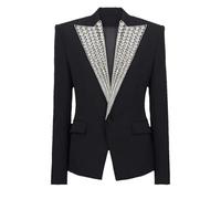 Elegant Style Shinny Rhinestone Coat Women Notched Single Button Long Sleeve Solid Slim Blazer Black