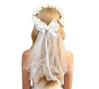 Elegant Style White Headscarf With Flower And Bow Tie Theme Decoratin Suitable For The Bride's Wedding Occasion (White, One Size)