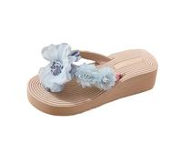 Elegant Summer Floral Platform Sandals - Slip on Open Beach Slippers with Thick Heel for Relaxed Everyday Wear, blue, 8.5 UK